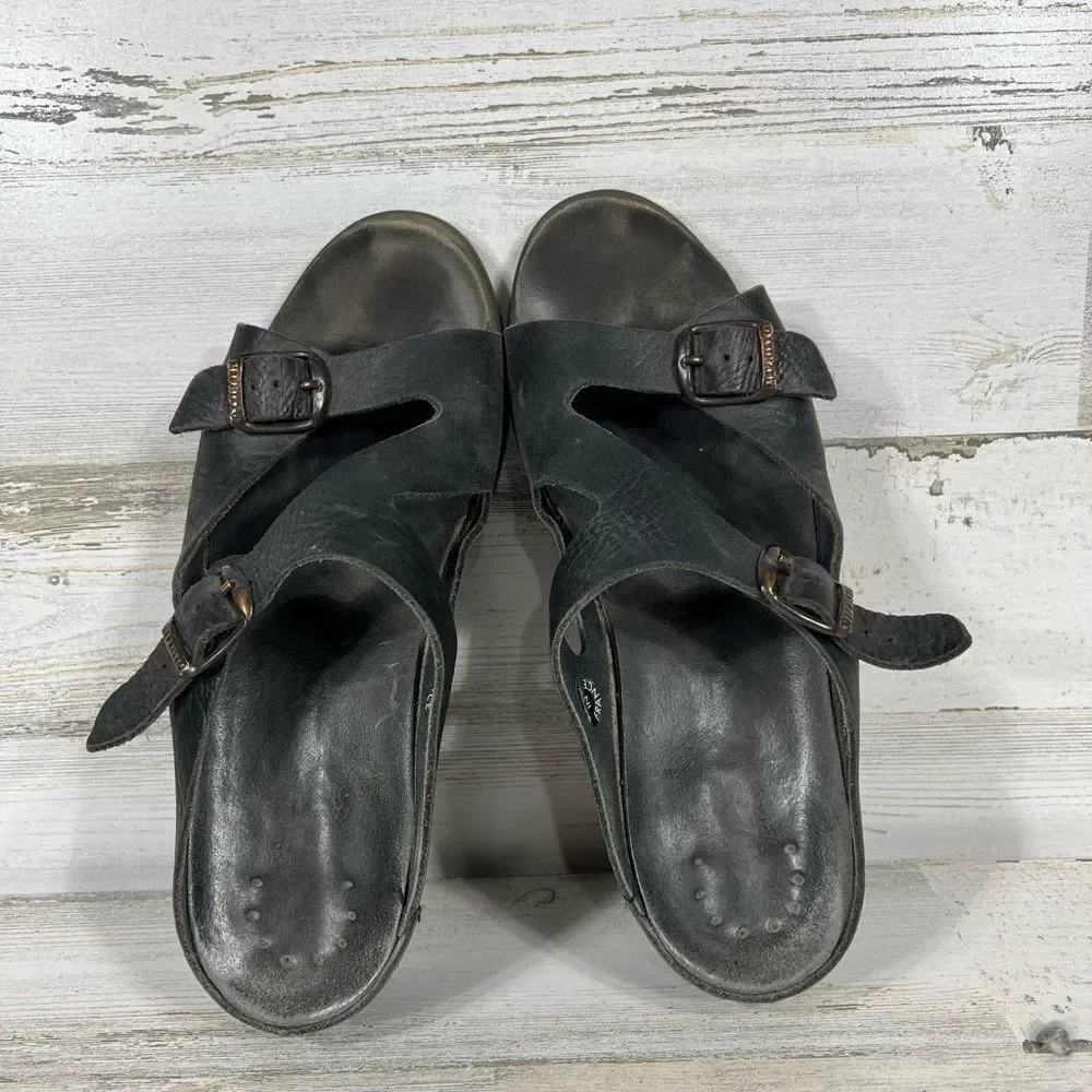 Mephisto Women's Sandals Mid Heel Slip On Buckle Leather Strap Black Size‎ 9